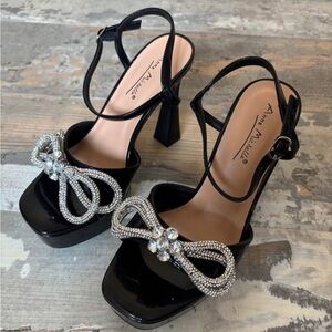 Anne Michelle Black Heels with Silver Bow Detail